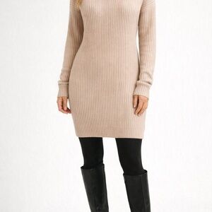 Lillusory Beige Ribbed Cowl Neck Sweater Dress Above Knee Long Sleeve Cozy